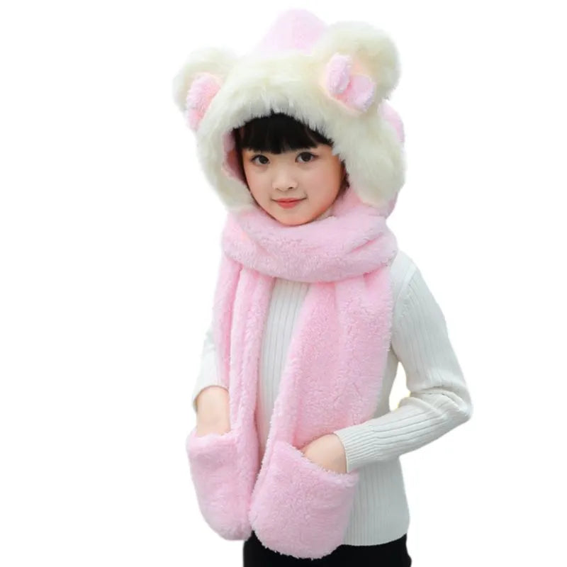 3 in 1 Warm Plush Winter Hat Bear Ears Scarf Gloves Hoodie Cap