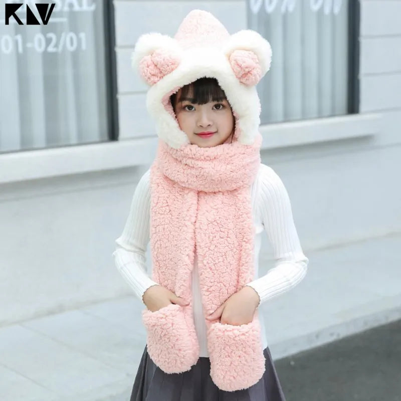 3 in 1 Warm Plush Winter Hat Bear Ears Scarf Gloves Hoodie Cap