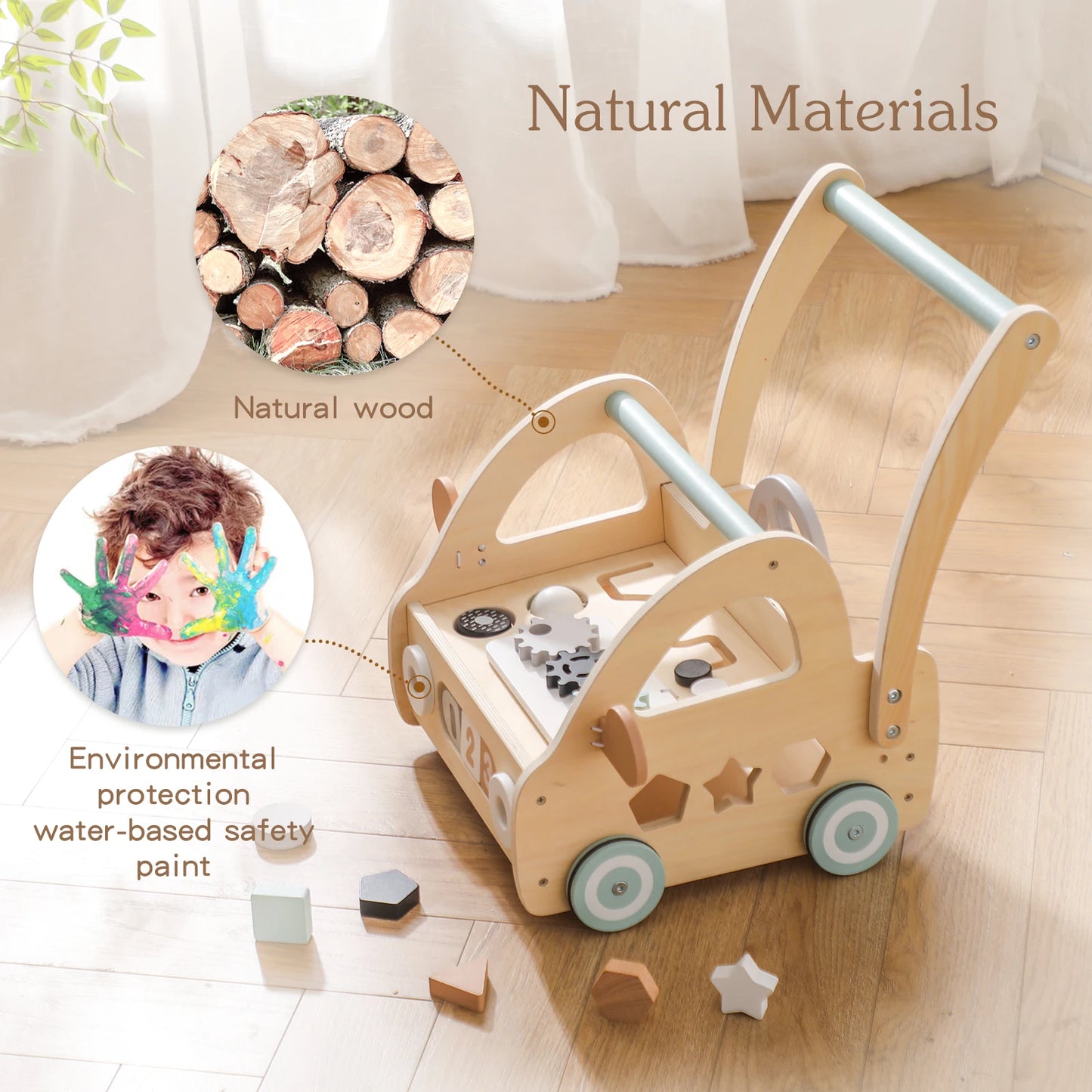 Baby Wooden Push-Pull Learning Walker  Baby Motor Skills Stimulating Toys  Shape Assembly Cart  Standing Learning Toddler Toys