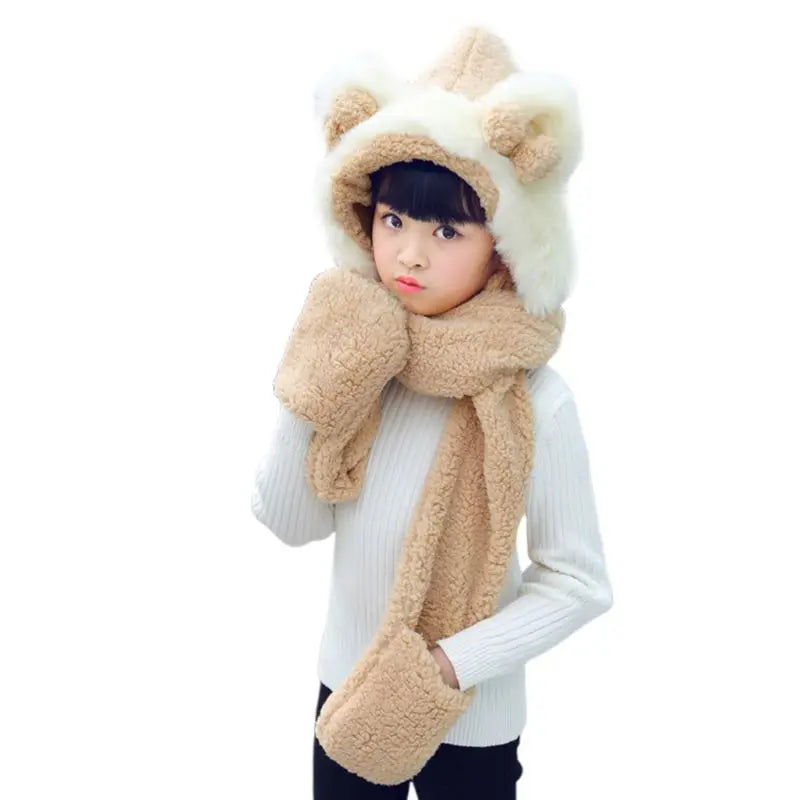 3 in 1 Warm Plush Winter Hat Bear Ears Scarf Gloves Hoodie Cap