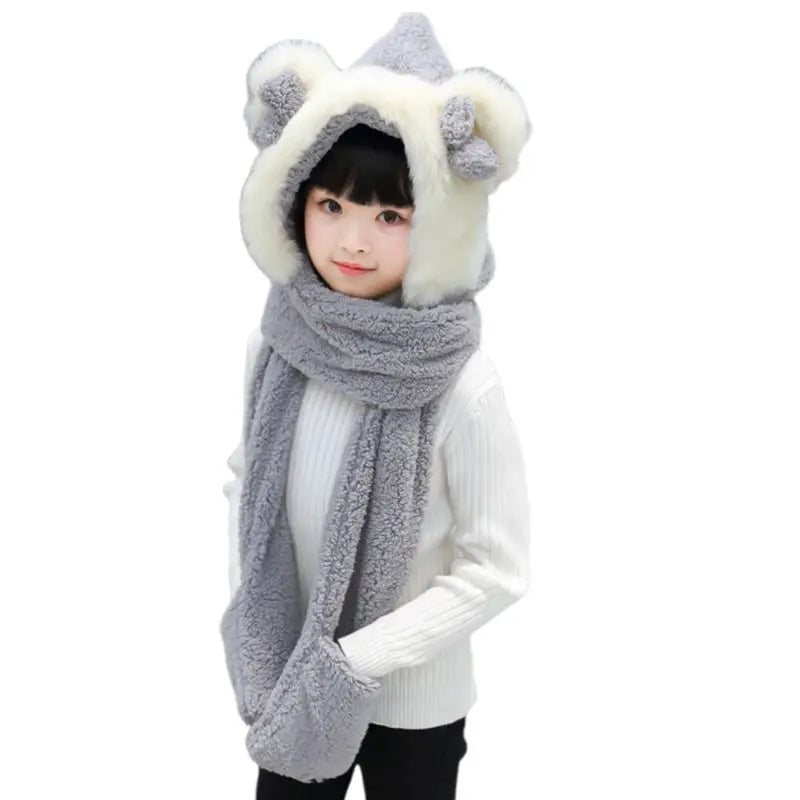 3 in 1 Warm Plush Winter Hat Bear Ears Scarf Gloves Hoodie Cap