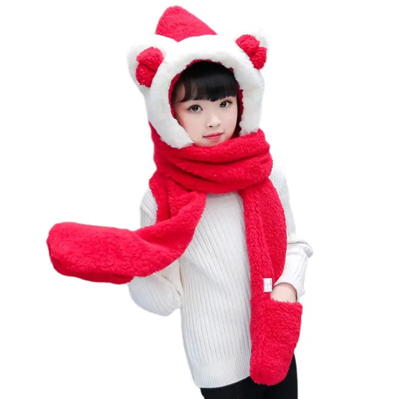 3 in 1 Warm Plush Winter Hat Bear Ears Scarf Gloves Hoodie Cap