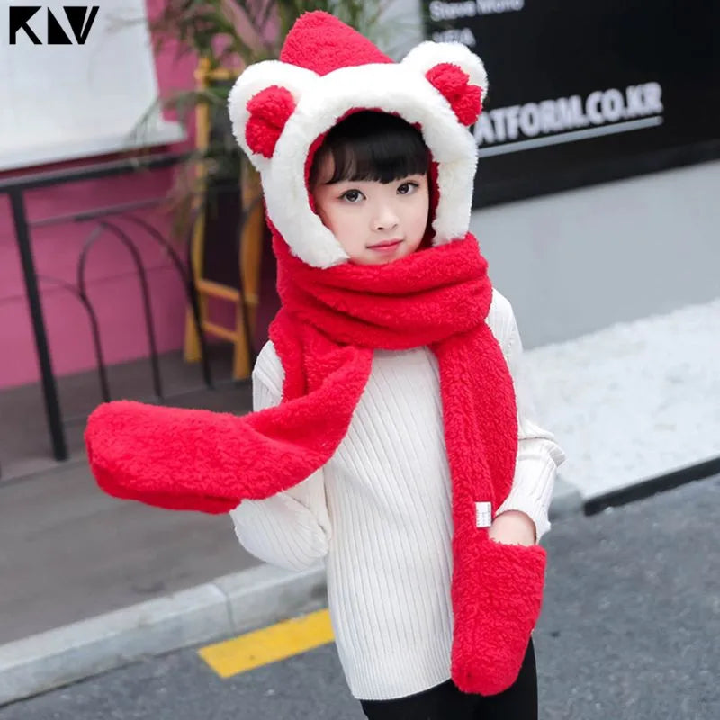 3 in 1 Warm Plush Winter Hat Bear Ears Scarf Gloves Hoodie Cap