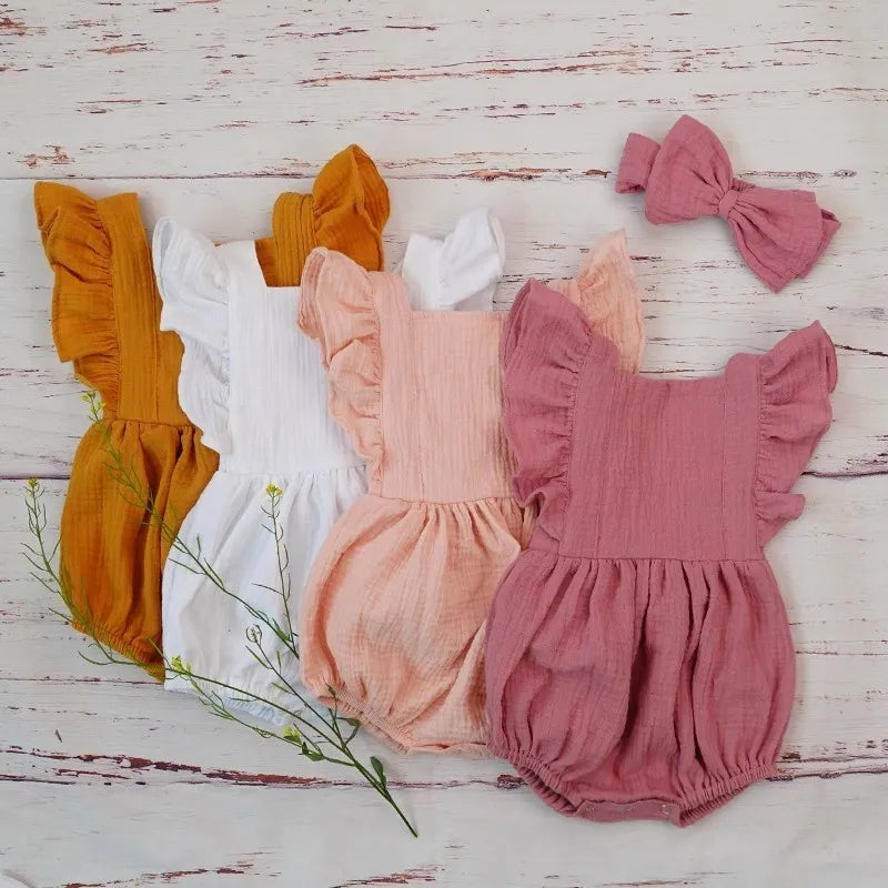 Organic Cotton Baby Girl Clothes Summer New Double Gauze Kids Ruffle Romper