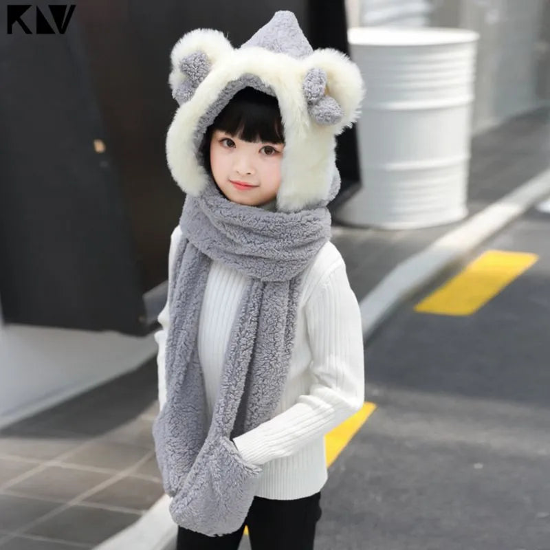 3 in 1 Warm Plush Winter Hat Bear Ears Scarf Gloves Hoodie Cap