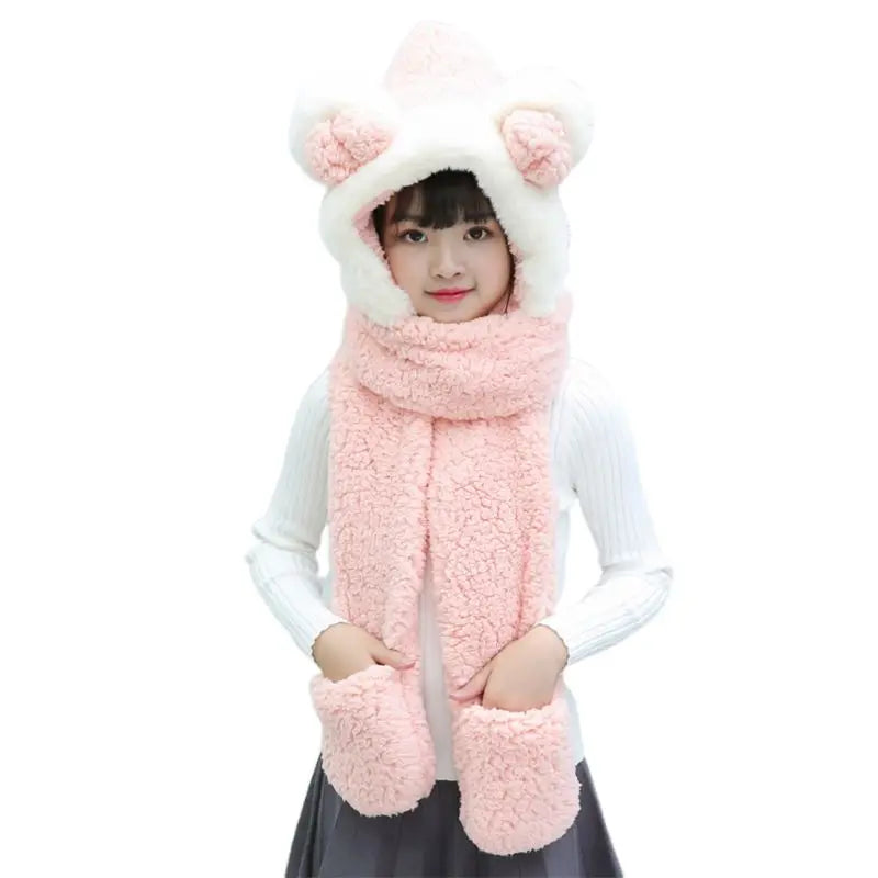 3 in 1 Warm Plush Winter Hat Bear Ears Scarf Gloves Hoodie Cap