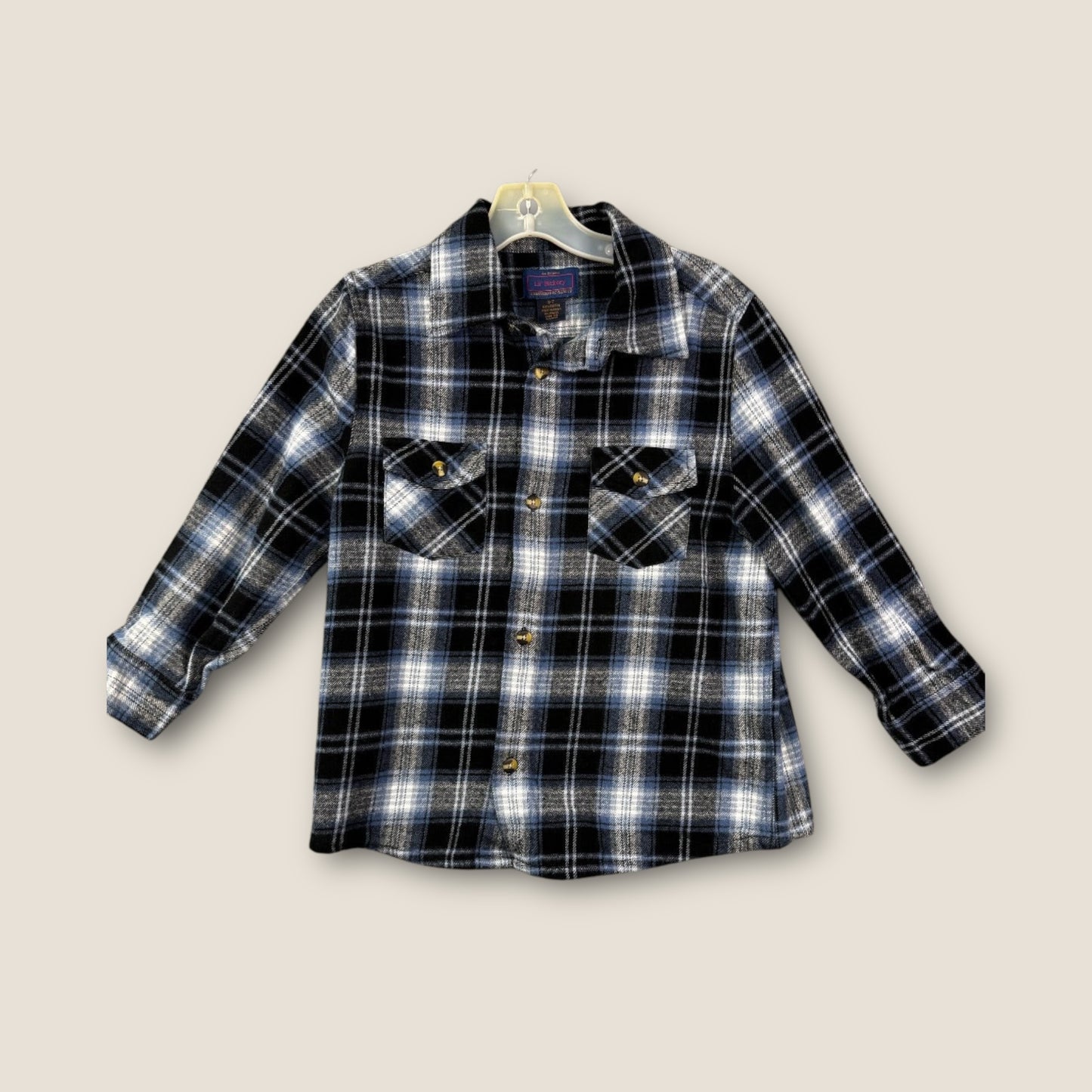 Lil' Hickory Blue, Black, and White Flannel Shirt, 100% Cotton, 6