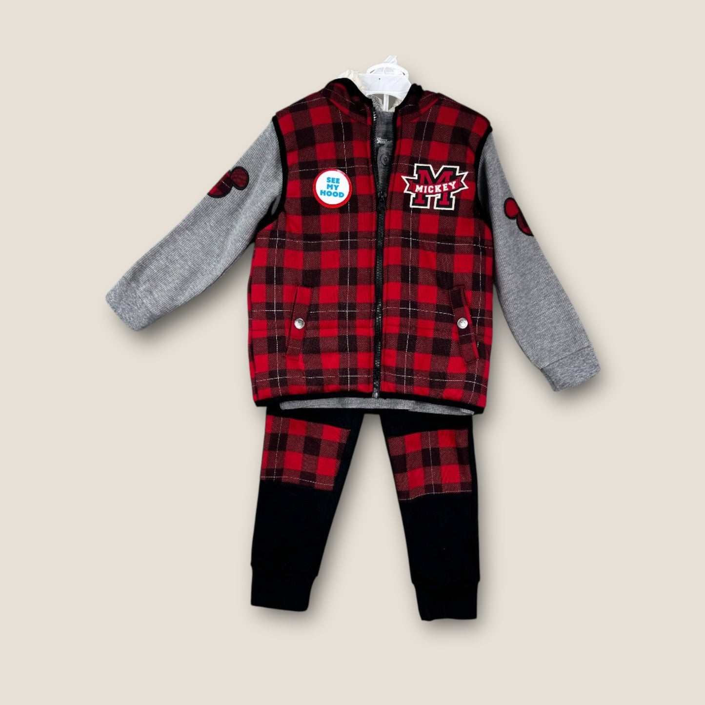 Disney Junior Red Plaid and Grey Hooded Vest, with Pants and Button-Up Shirt, 3 Pieces, 4