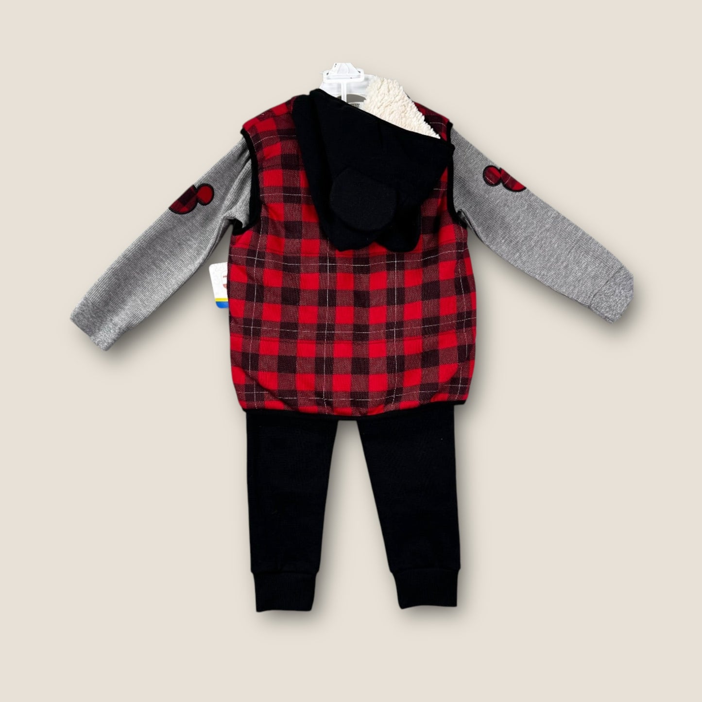 Disney Junior Red Plaid and Grey Hooded Vest, with Pants and Button-Up Shirt, 3 Pieces, 4