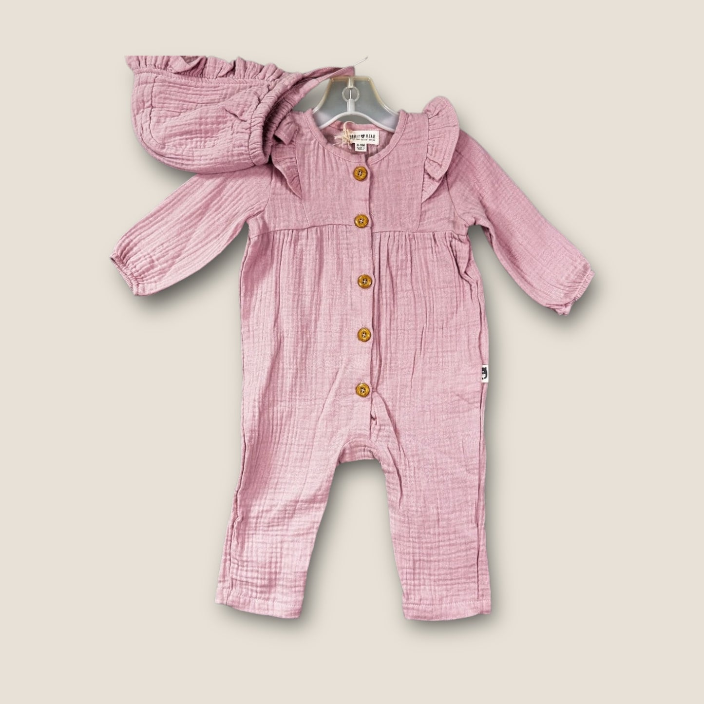 *NEW* Rabbit Bear Pink Button-Up Onesie with Cap, Organic Cotton, 6mo