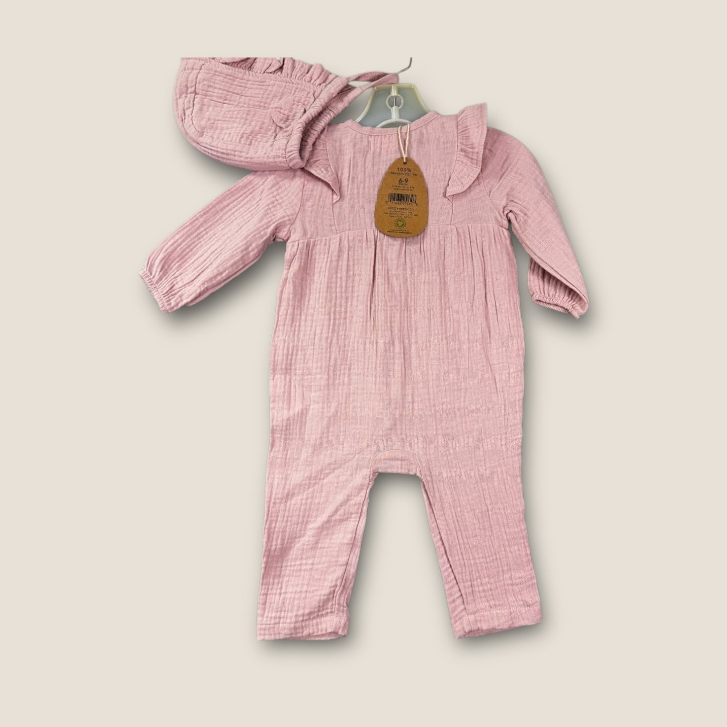 *NEW* Rabbit Bear Pink Button-Up Onesie with Cap, Organic Cotton, 6mo