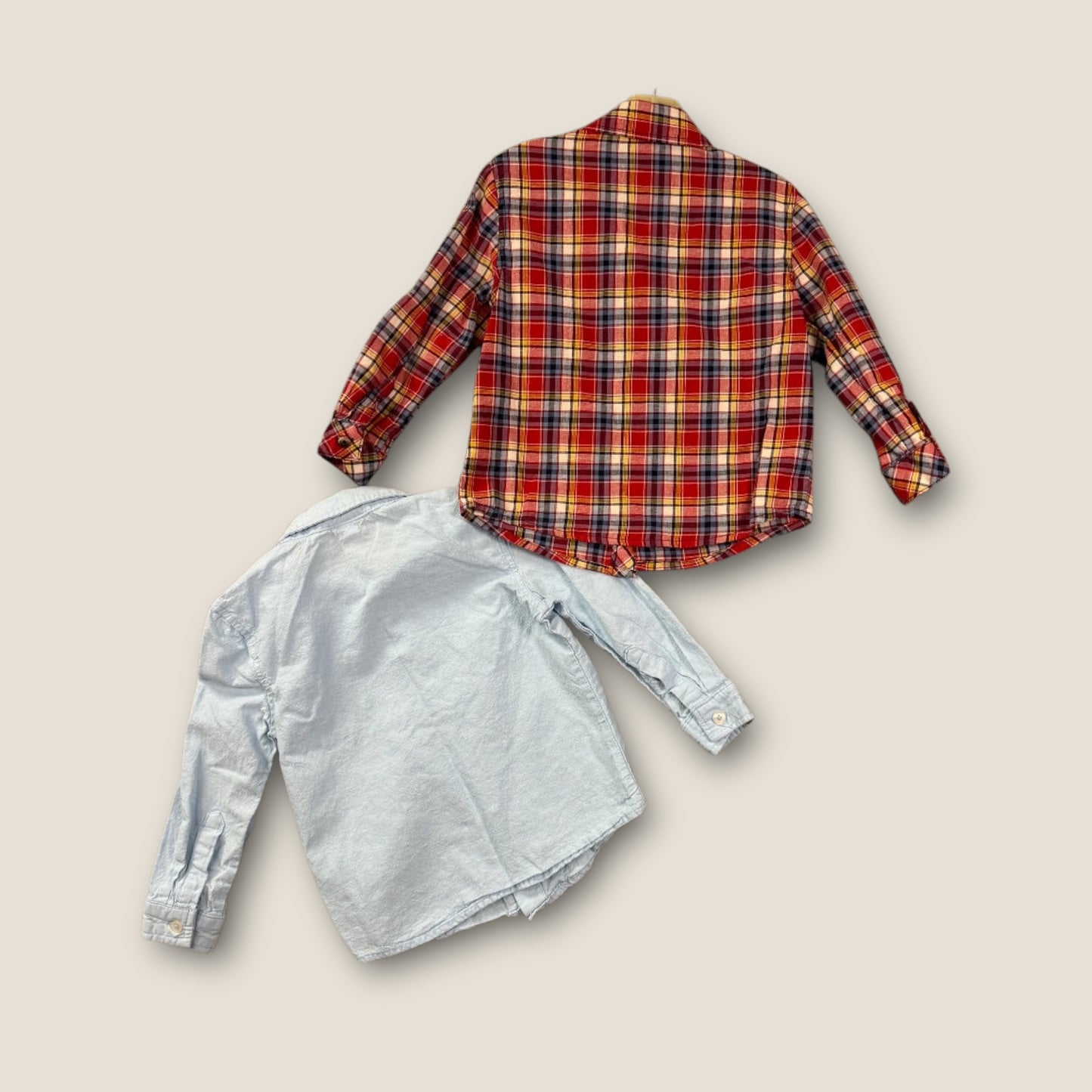 Cherokee Red Plaid, and Light Blue Button-Up Long Sleeve Collared Shirts, Set of 2, 3