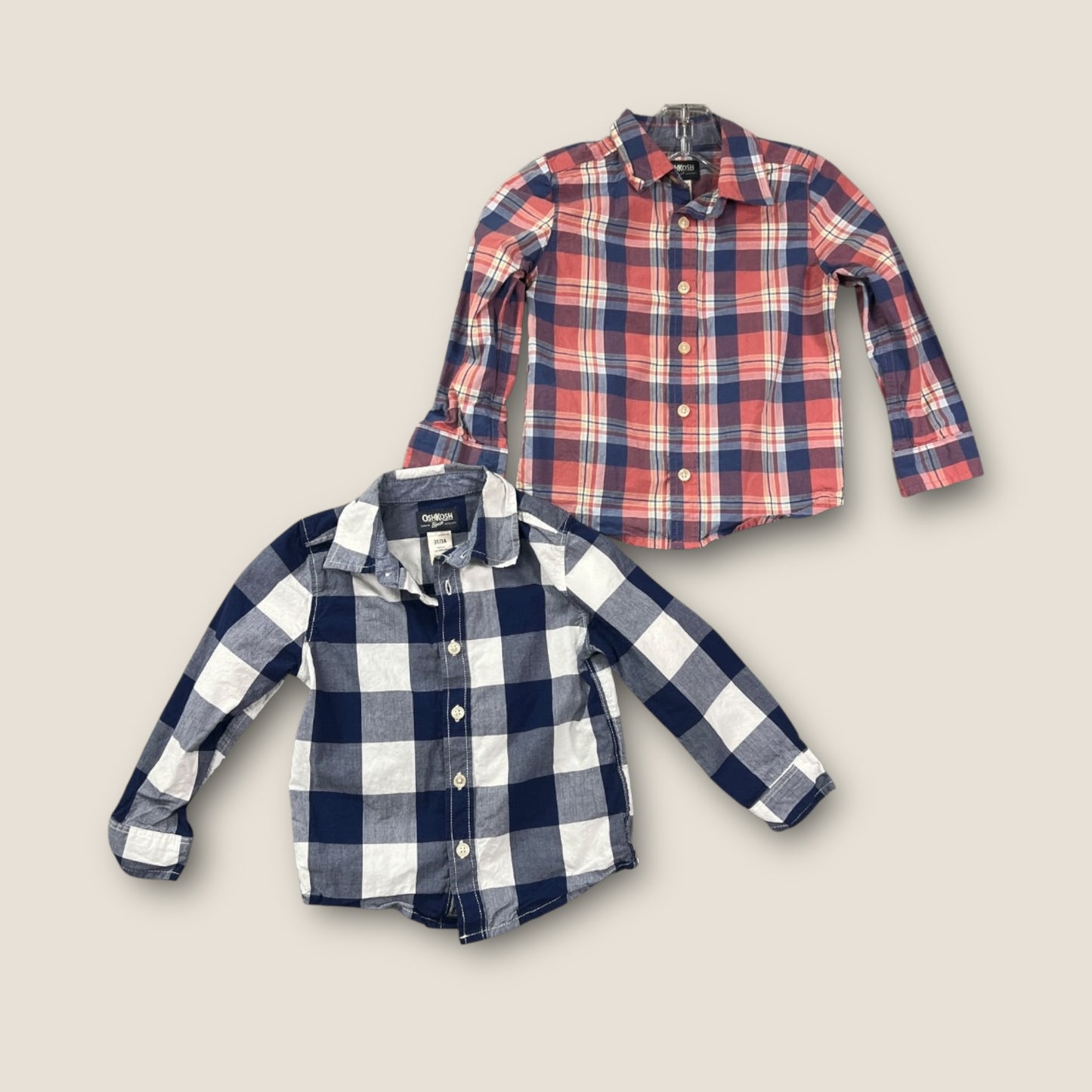 Osh Kosh B'Gosh Blue and Red Plaid Button-Up Long Sleeve Collared Shirts, Set of 2, 3