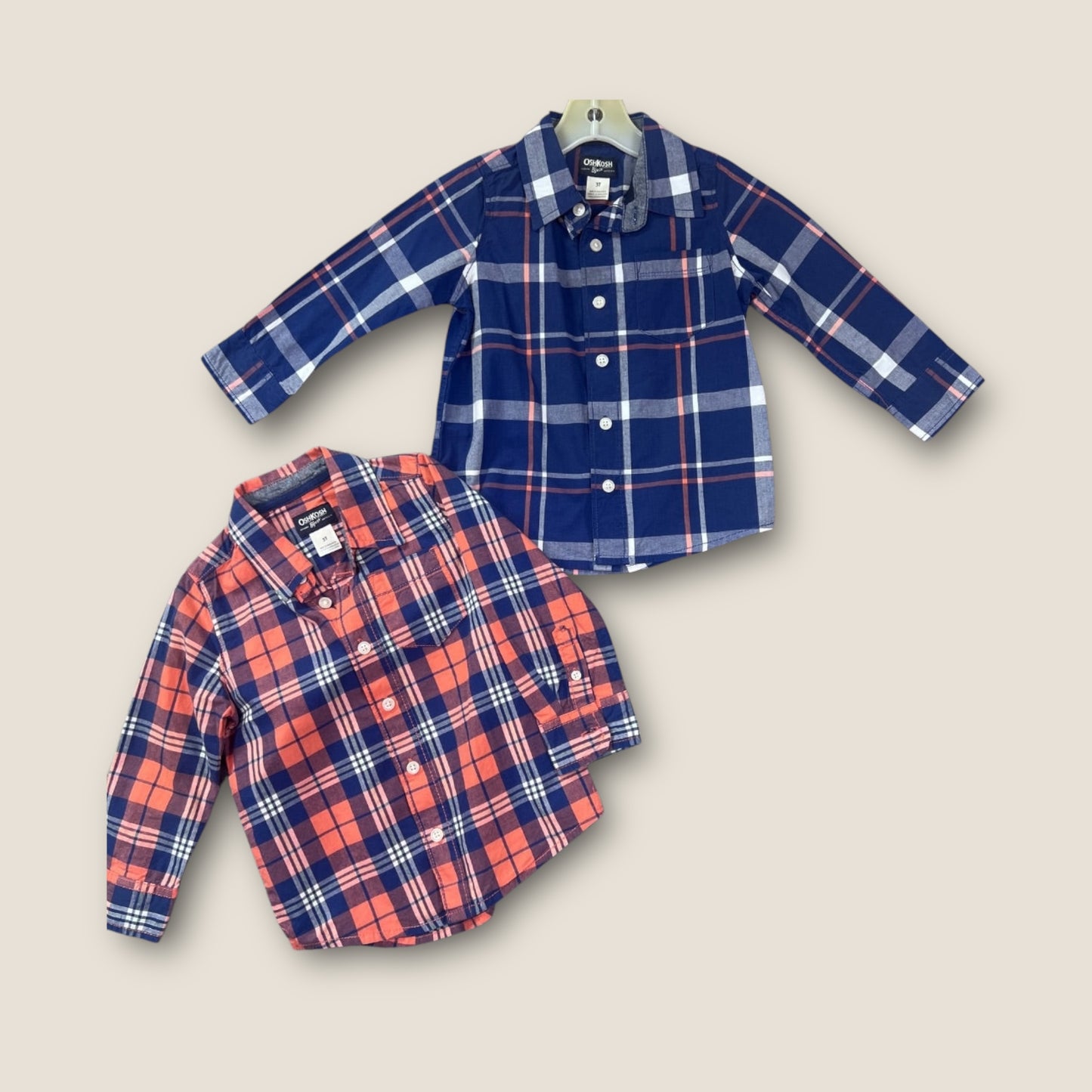 Osh Kosh B'Gosh Blue and Red Plaid Button-Up Long Sleeve Collared Shirts, Set of 2, 3