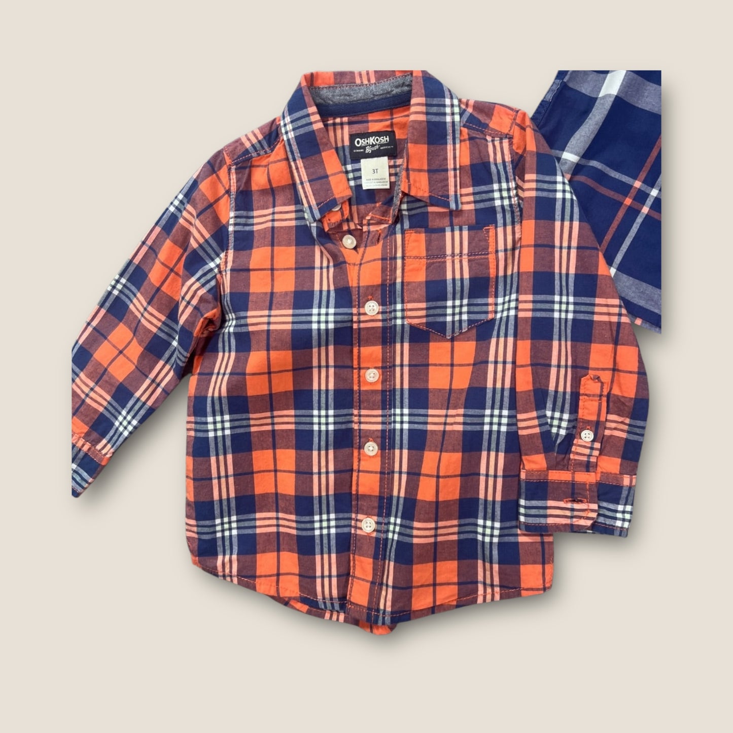 Osh Kosh B'Gosh Blue and Red Plaid Button-Up Long Sleeve Collared Shirts, Set of 2, 3