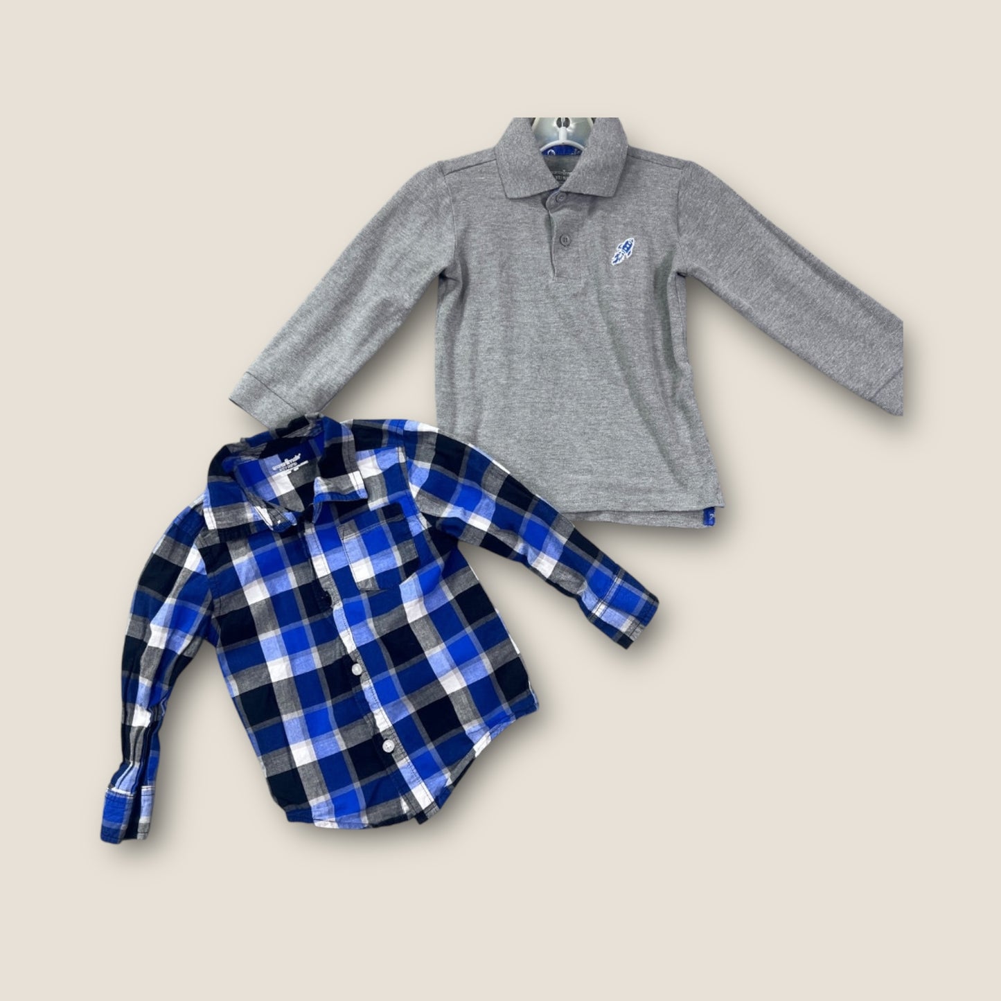 Garanimals Grey / Blue Plaid Long-Sleeved Button-Up Collared Shirt, and Collared Quarter-Button Long Sleeve Shirt, 3