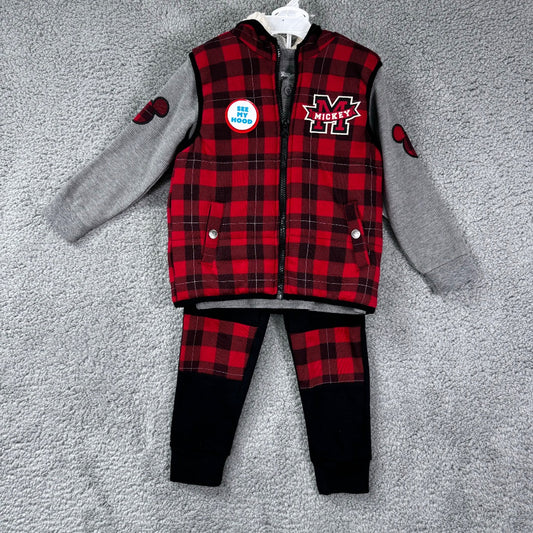 Disney Junior Red Plaid and Grey Hooded Vest, with Pants and Button-Up Shirt, 3 Pieces, 4