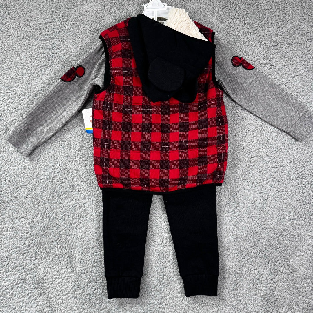 Disney Junior Red Plaid and Grey Hooded Vest, with Pants and Button-Up Shirt, 3 Pieces, 4