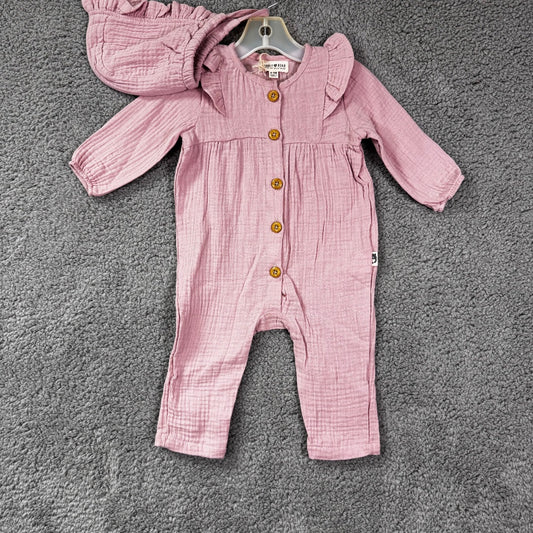 *NEW* Rabbit Bear Pink Button-Up Onesie with Cap, Organic Cotton, 6mo