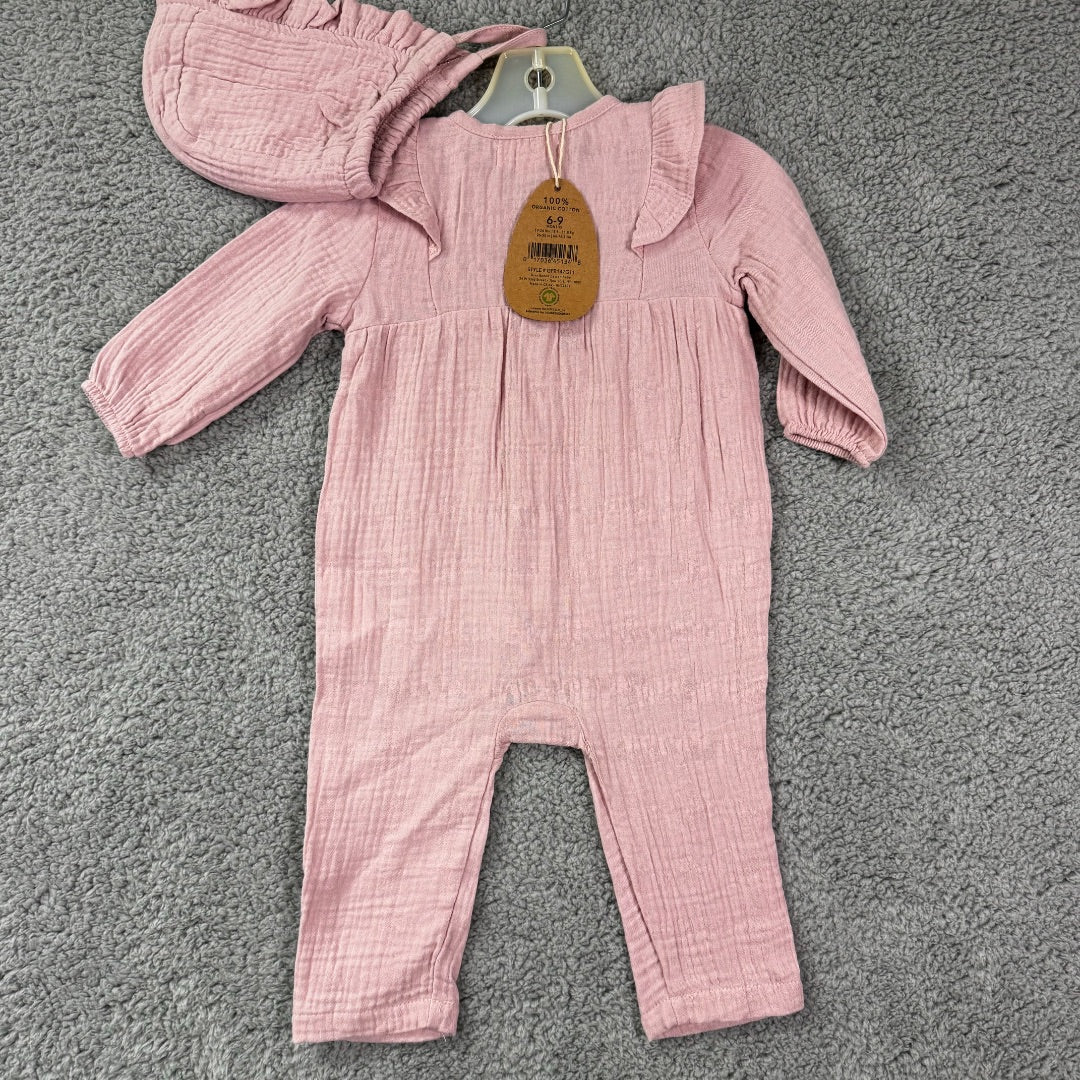 *NEW* Rabbit Bear Pink Button-Up Onesie with Cap, Organic Cotton, 6mo