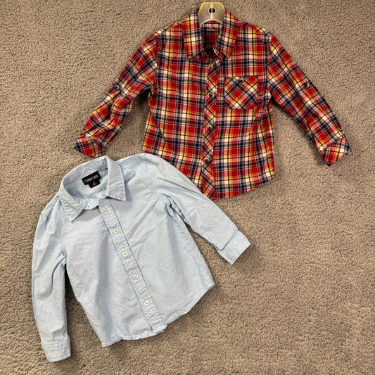 Cherokee Red Plaid, and Light Blue Button-Up Long Sleeve Collared Shirts, Set of 2, 3