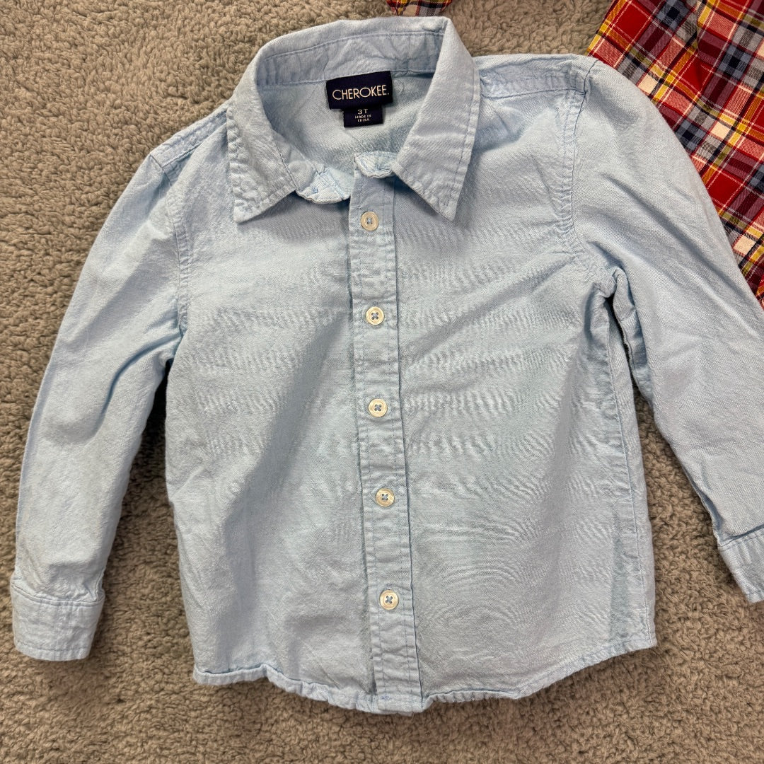 Cherokee Red Plaid, and Light Blue Button-Up Long Sleeve Collared Shirts, Set of 2, 3