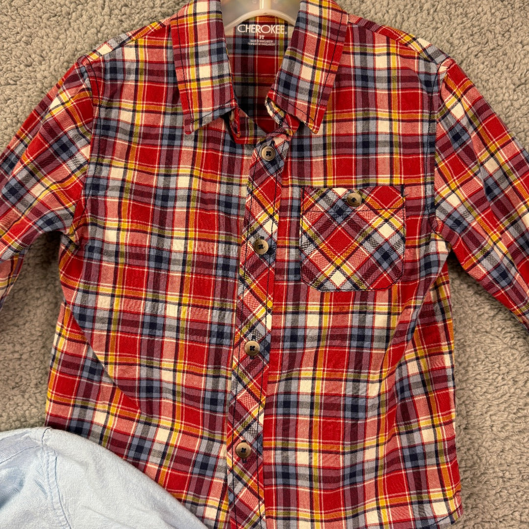 Cherokee Red Plaid, and Light Blue Button-Up Long Sleeve Collared Shirts, Set of 2, 3