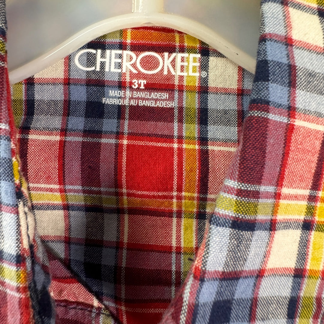 Cherokee Red Plaid, and Light Blue Button-Up Long Sleeve Collared Shirts, Set of 2, 3