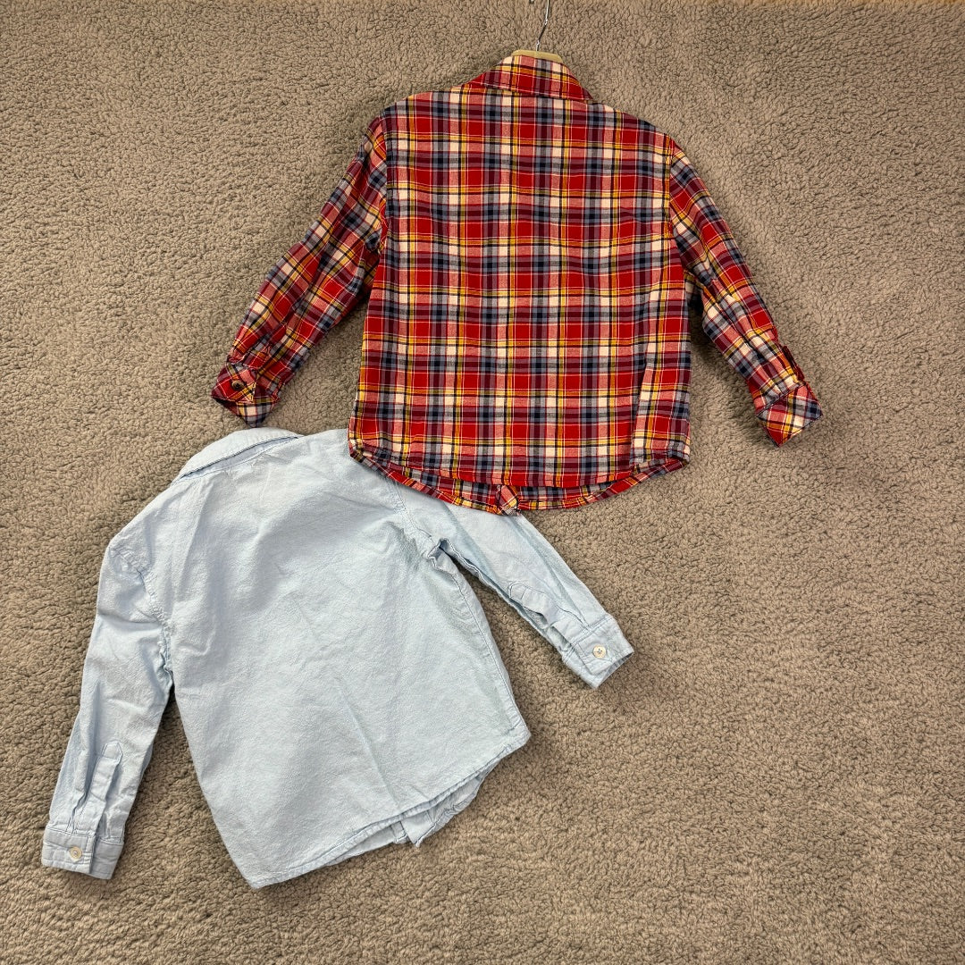 Cherokee Red Plaid, and Light Blue Button-Up Long Sleeve Collared Shirts, Set of 2, 3