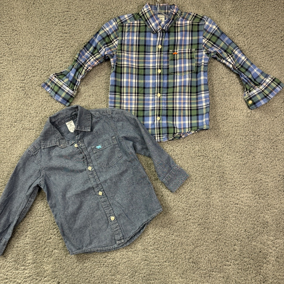 Carter's Blue and Blue Plaid Button-Up Long Sleeve Collared Shirts, Set of 2, 3