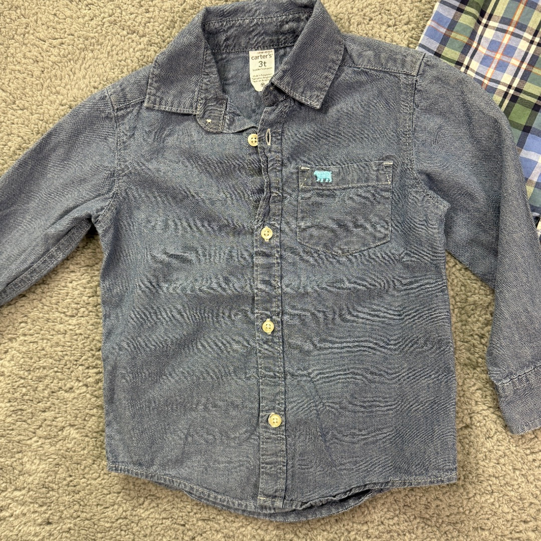 Carter's Blue and Blue Plaid Button-Up Long Sleeve Collared Shirts, Set of 2, 3