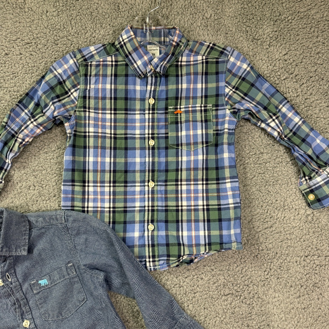 Carter's Blue and Blue Plaid Button-Up Long Sleeve Collared Shirts, Set of 2, 3