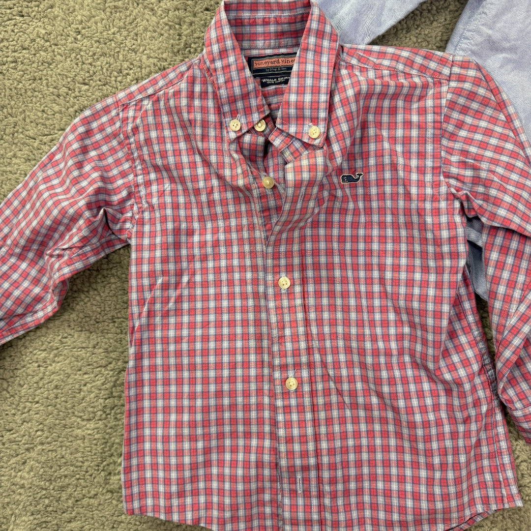 Janie and Jack and Vineyard Vines Blue and Red Plaid Button-Up Long Sleeve Collared Shirts, Set of 2, 3