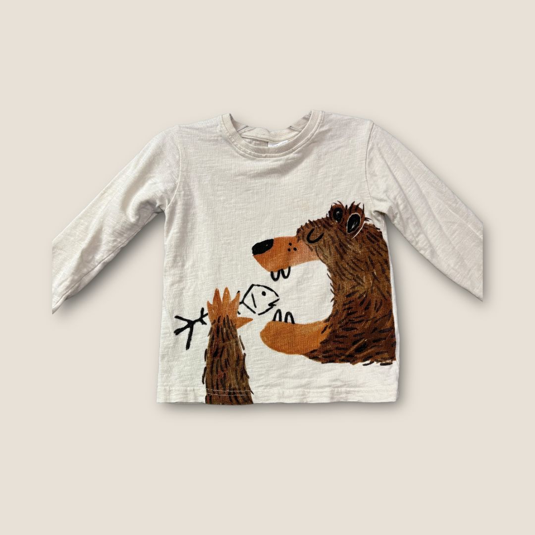 Zara Off-White with Bear Graphic Long Sleeve Shirt, 4