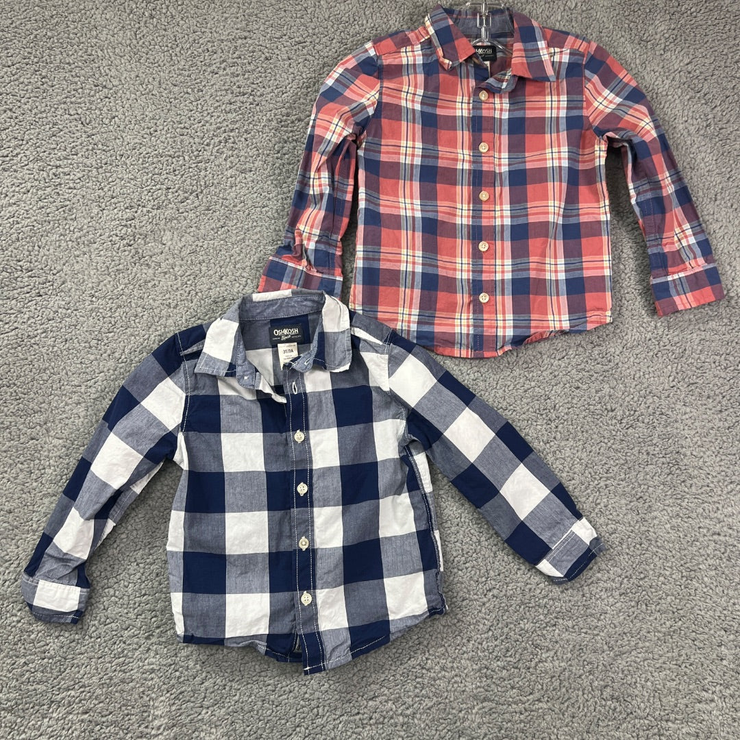 Osh Kosh B'Gosh Blue and Red Plaid Button-Up Long Sleeve Collared Shirts, Set of 2, 3