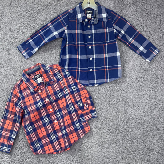 Osh Kosh B'Gosh Blue and Red Plaid Button-Up Long Sleeve Collared Shirts, Set of 2, 3