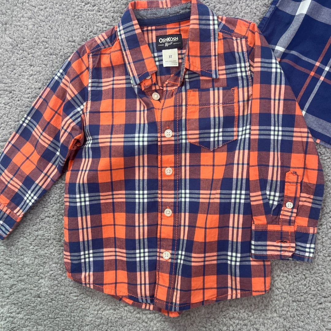 Osh Kosh B'Gosh Blue and Red Plaid Button-Up Long Sleeve Collared Shirts, Set of 2, 3