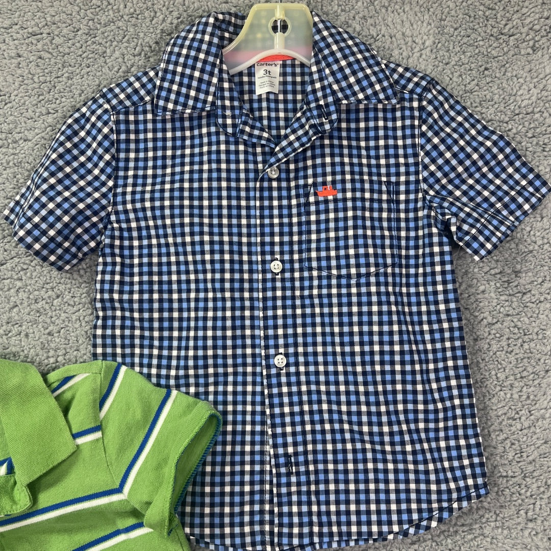 Carter's and Cherokee Blue and Green Polo Shirt and Short Sleeve Button-Up Collared Shirt, 3