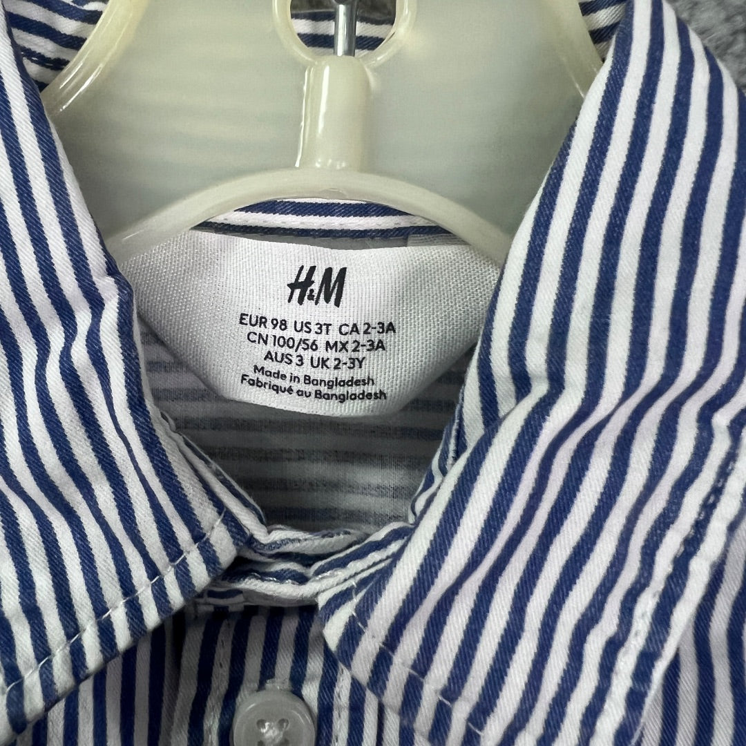 H&M White and Blue Pinstripe Button-Up Long Sleeve Collared Shirts, Set of 2, 3