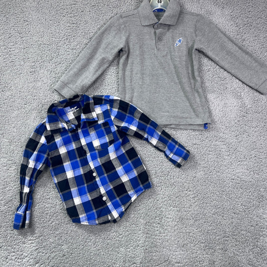 Garanimals Grey / Blue Plaid Long-Sleeved Button-Up Collared Shirt, and Collared Quarter-Button Long Sleeve Shirt, 3