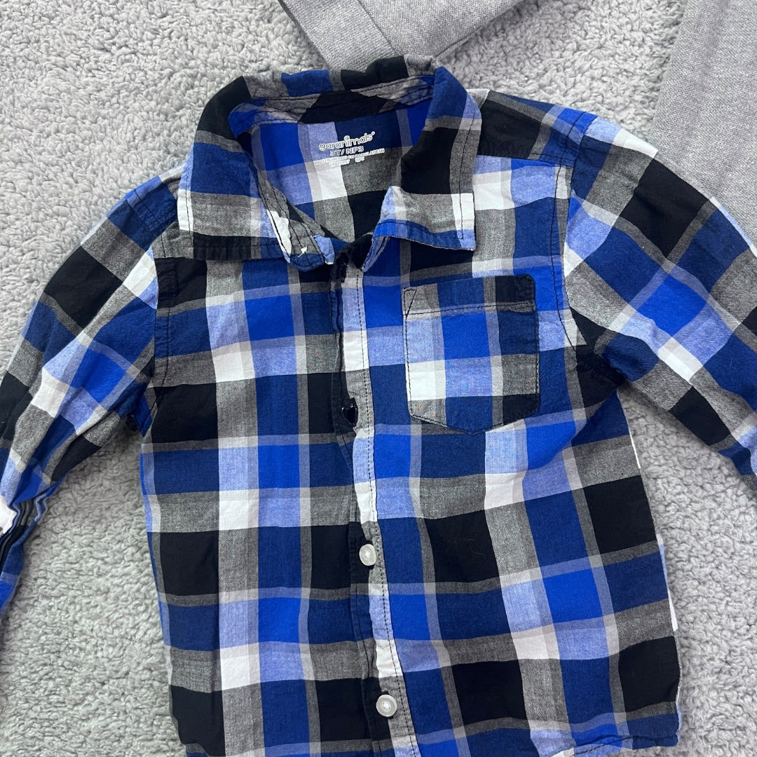 Garanimals Grey / Blue Plaid Long-Sleeved Button-Up Collared Shirt, and Collared Quarter-Button Long Sleeve Shirt, 3