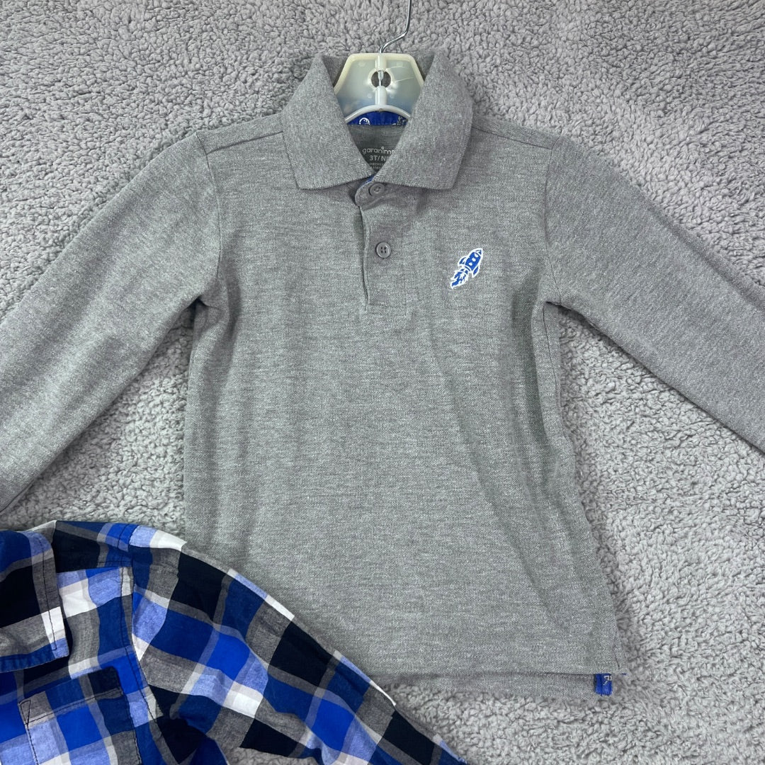 Garanimals Grey / Blue Plaid Long-Sleeved Button-Up Collared Shirt, and Collared Quarter-Button Long Sleeve Shirt, 3