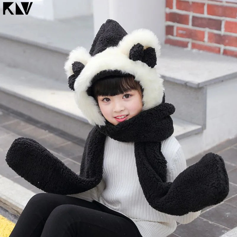 3 in 1 Warm Plush Winter Hat Bear Ears Scarf Gloves Hoodie Cap