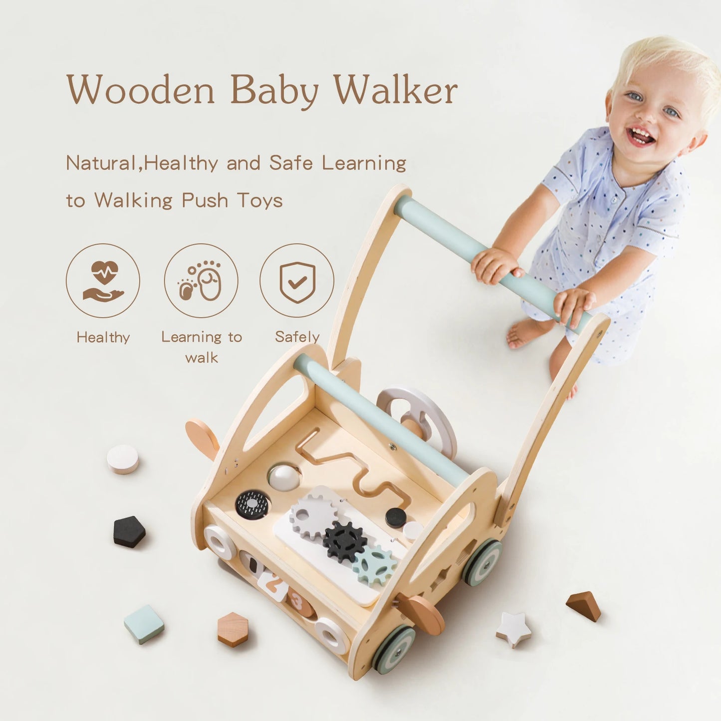 Baby Wooden Push-Pull Learning Walker  Baby Motor Skills Stimulating Toys  Shape Assembly Cart  Standing Learning Toddler Toys