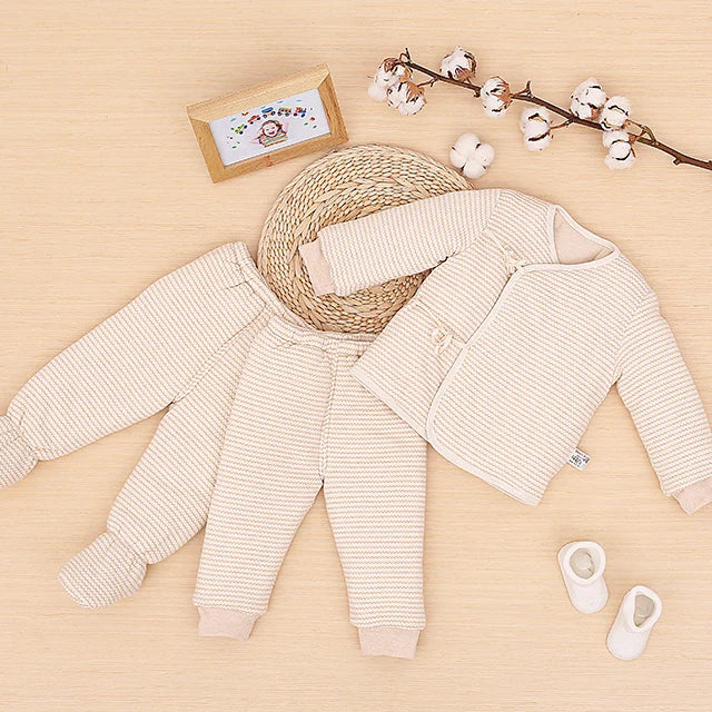 Organic Cotton Winter Thicken Quilted 3pcs Kids Pajamas Clothing Set Newborn