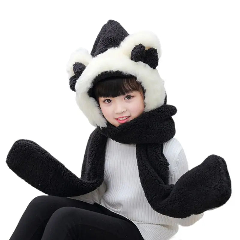 3 in 1 Warm Plush Winter Hat Bear Ears Scarf Gloves Hoodie Cap