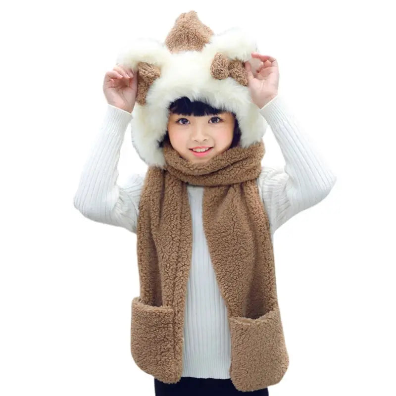 3 in 1 Warm Plush Winter Hat Bear Ears Scarf Gloves Hoodie Cap