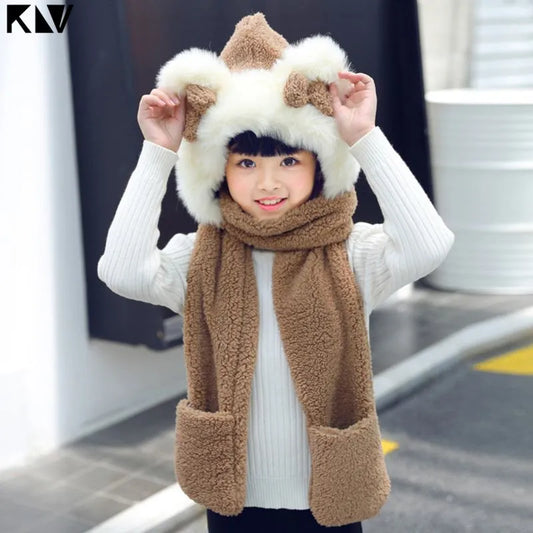 3 in 1 Warm Plush Winter Hat Bear Ears Scarf Gloves Hoodie Cap