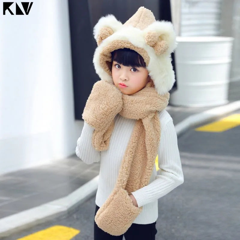 3 in 1 Warm Plush Winter Hat Bear Ears Scarf Gloves Hoodie Cap